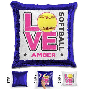 Personalized LOVE Softball Magic Sequin Pillow Pillow GLAM Blue Pink 