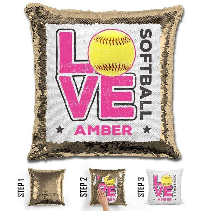 Personalized LOVE Softball Magic Sequin Pillow Pillow GLAM Gold Pink 