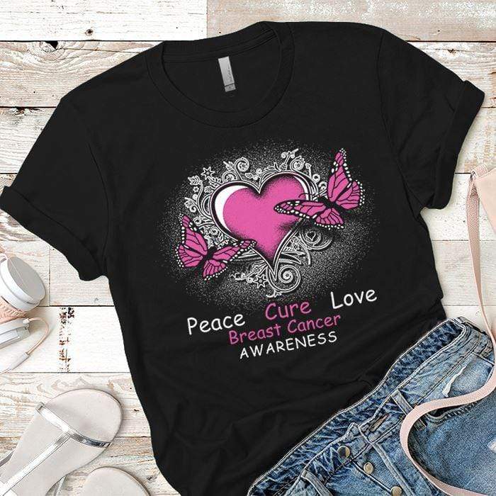 Peace Cure Love Breast Cancer Premium Tees T-Shirts CustomCat Black X-Small 
