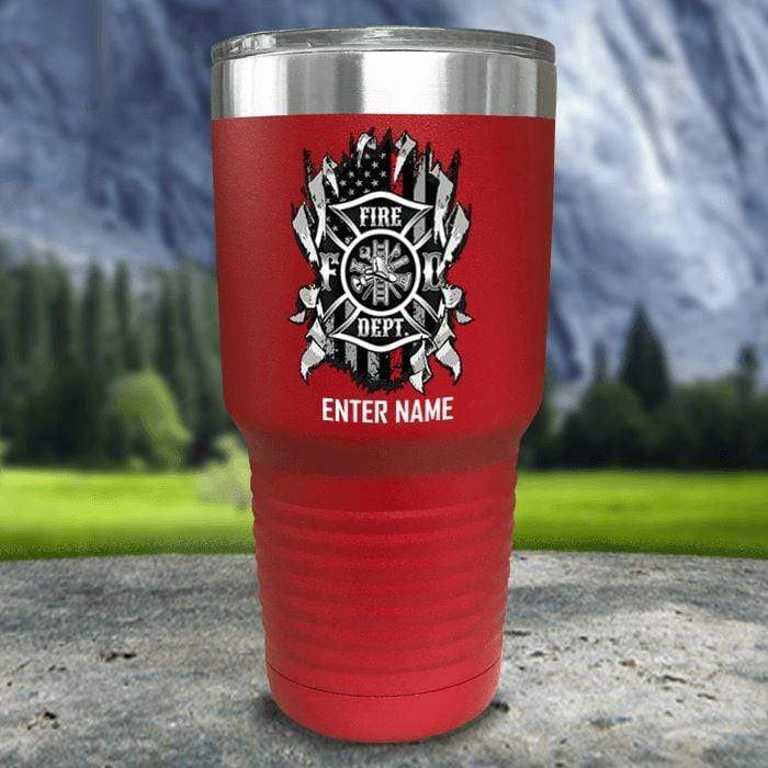 Personalized Firefighter Ripped Color Printed Tumblers Tumbler Nocturnal Coatings 30oz Tumbler Red 