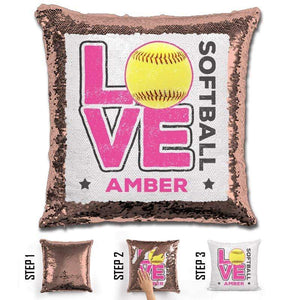 Personalized LOVE Softball Magic Sequin Pillow Pillow GLAM Rose Gold Pink 