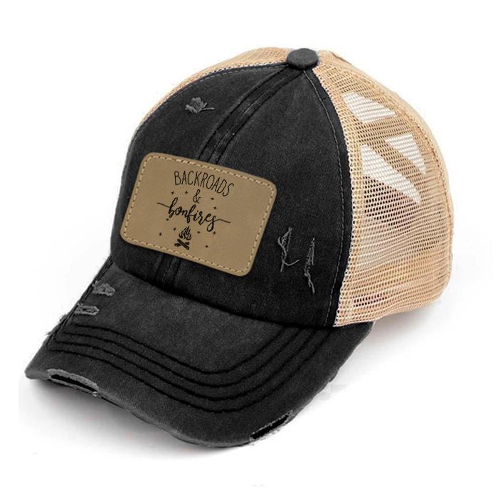 Engraved Distressed Backroads & Bonfires Patch Premium Ponytail Hat