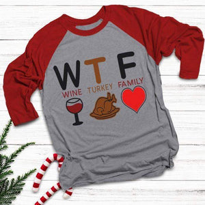 Wine Turkey Family Raglan T-Shirts CustomCat Heather Grey/Red X-Small 
