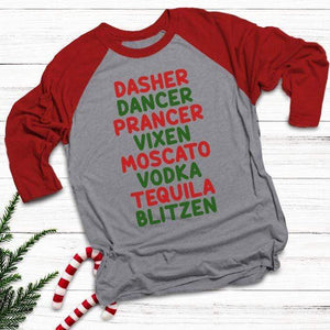 Dasher Dancer Blitzen Raglan T-Shirts CustomCat Heather Grey/Red X-Small 