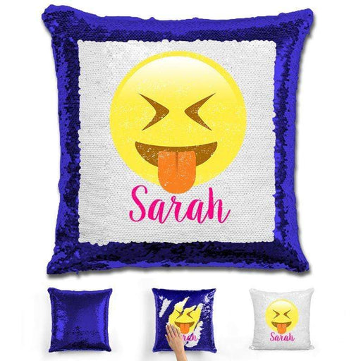 Squinting Eyes Emoji Personalized Magic Sequin Pillow Pillow GLAM Blue 