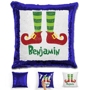 Personalized Elf Legs Christmas Magic Sequin Pillow Pillow GLAM Blue 
