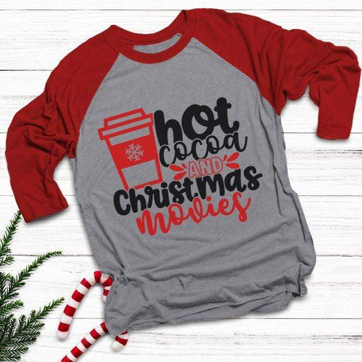 Hot Cocoa Christmas Movies Raglan T-Shirts CustomCat Heather Grey/Red X-Small 