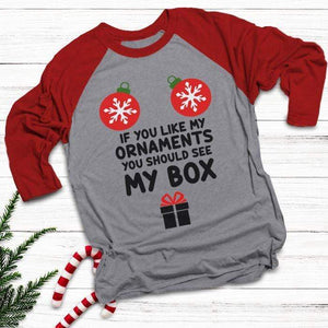 Like My Ornaments See My Box Raglan T-Shirts CustomCat Heather Grey/Red X-Small 