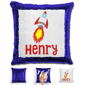 Rocket Ship Personalized Magic Sequin Pillow Pillow GLAM Blue 