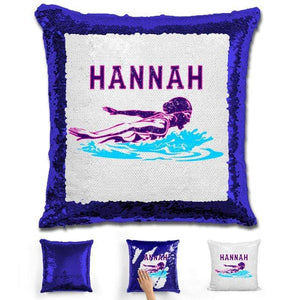Swimming Personalized Magic Sequin Pillow Pillow GLAM Blue Pink 
