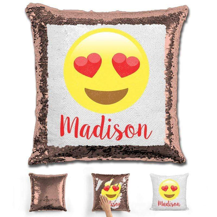 Heart Eyes Emoji Personalized Magic Sequin Pillow Pillow GLAM Rose Gold 