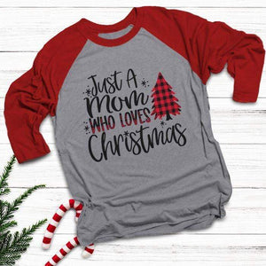 Mom Who Loves Christmas Raglan T-Shirts CustomCat Heather Grey/Red X-Small 
