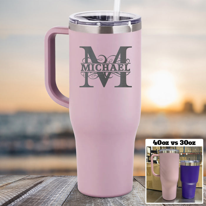 Personalized Split Monogram 40 oz Tumbler with Handle and Slider Lid