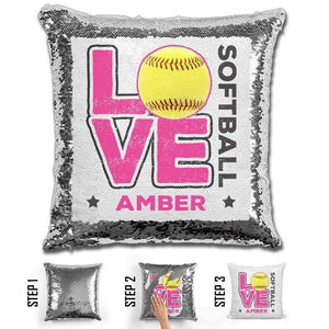 Personalized LOVE Softball Magic Sequin Pillow Pillow GLAM Silver Pink 