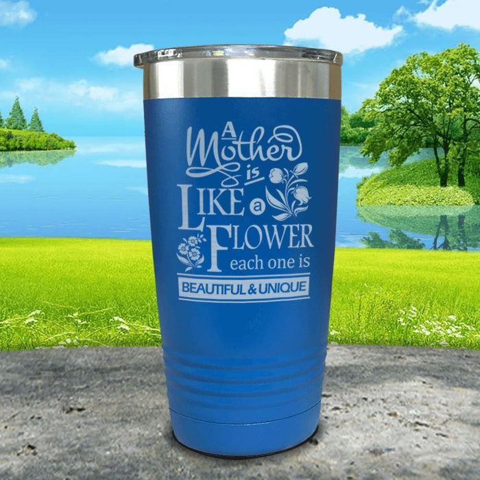 A Mother Is Like A Flower Engraved Tumbler Tumbler ZLAZER 20oz Tumbler Blue 