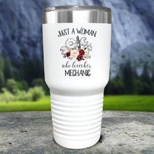 Just A Woman Who Loves Her Mechanic Color Printed Tumblers Tumbler Nocturnal Coatings 30oz Tumbler White 