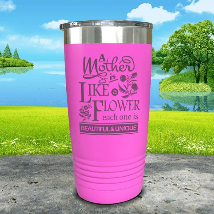 A Mother Is Like A Flower Engraved Tumbler Tumbler ZLAZER 20oz Tumbler Pink 