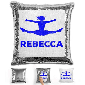 Competitive Cheerleader Personalized Magic Sequin Pillow Pillow GLAM Silver Dark Blue 