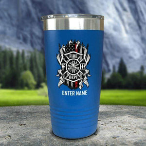 Personalized Firefighter Ripped Color Printed Tumblers Tumbler Nocturnal Coatings 20oz Tumbler Blue 