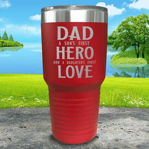 Dad A Son's First Hero Daughters First Love Engraved Tumbler Tumbler ZLAZER 30oz Tumbler Red 