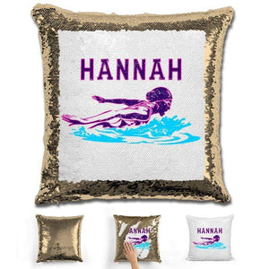 Swimming Personalized Magic Sequin Pillow Pillow GLAM Gold Pink 
