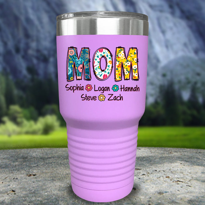 Mom Floral Letters Personalized With Kids Names Color Printed Tumblers