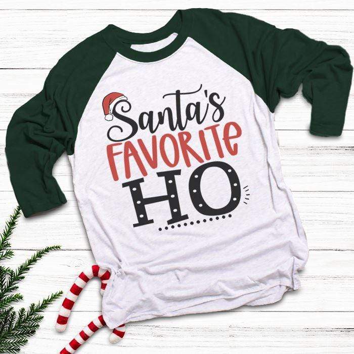 Santa's Favorite HO Raglan T-Shirts CustomCat White/Forest X-Small 