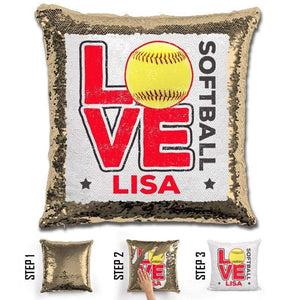 Personalized LOVE Softball Magic Sequin Pillow Pillow GLAM Gold Red 