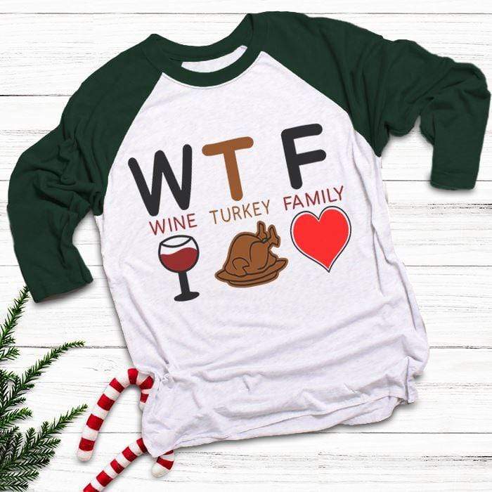 Wine Turkey Family Raglan T-Shirts CustomCat White/Forest X-Small 