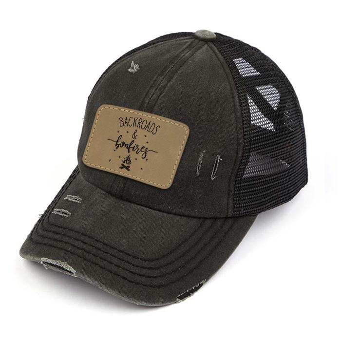 Engraved Distressed Backroads & Bonfires Patch Premium Ponytail Hat