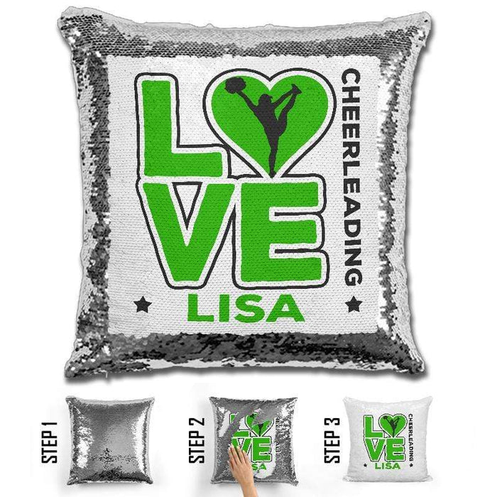 Personalized LOVE Cheer Magic Sequin Pillow Pillow GLAM Green 