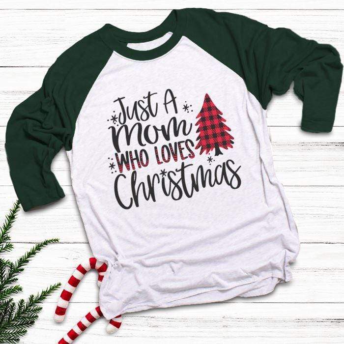 Mom Who Loves Christmas Raglan T-Shirts CustomCat White/Forest X-Small 