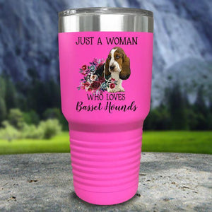 A Woman Who Loves Basset Hounds Color Printed Tumblers Tumbler Nocturnal Coatings 30oz Tumbler Pink 