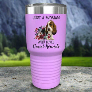 A Woman Who Loves Basset Hounds Color Printed Tumblers Tumbler Nocturnal Coatings 30oz Tumbler Lavender 