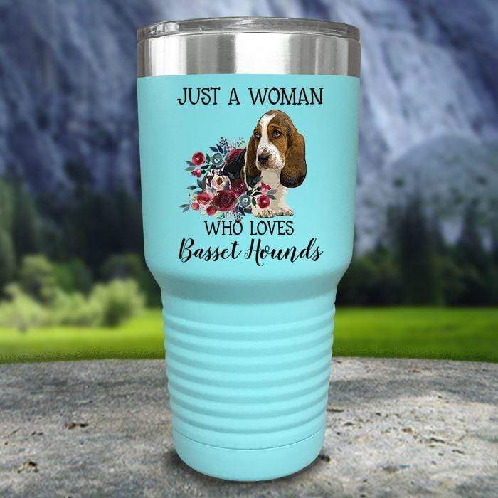 A Woman Who Loves Basset Hounds Color Printed Tumblers Tumbler Nocturnal Coatings 30oz Tumbler Mint 