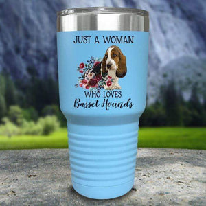 A Woman Who Loves Basset Hounds Color Printed Tumblers Tumbler Nocturnal Coatings 30oz Tumbler Light Blue 