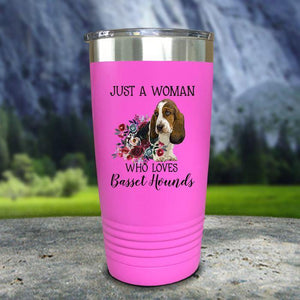A Woman Who Loves Basset Hounds Color Printed Tumblers Tumbler Nocturnal Coatings 20oz Tumbler Pink 