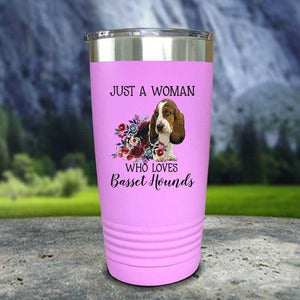 A Woman Who Loves Basset Hounds Color Printed Tumblers Tumbler Nocturnal Coatings 20oz Tumbler Lavender 