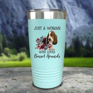 A Woman Who Loves Basset Hounds Color Printed Tumblers Tumbler Nocturnal Coatings 20oz Tumbler Mint 