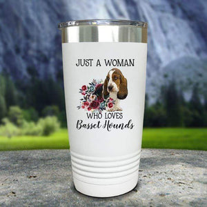 A Woman Who Loves Basset Hounds Color Printed Tumblers Tumbler Nocturnal Coatings 20oz Tumbler White 