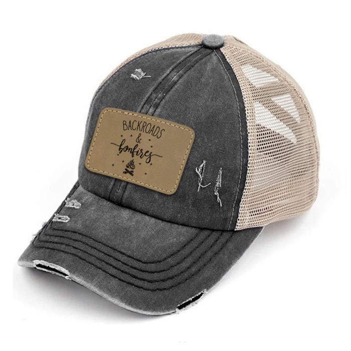 Engraved Distressed Backroads & Bonfires Patch Premium Ponytail Hat