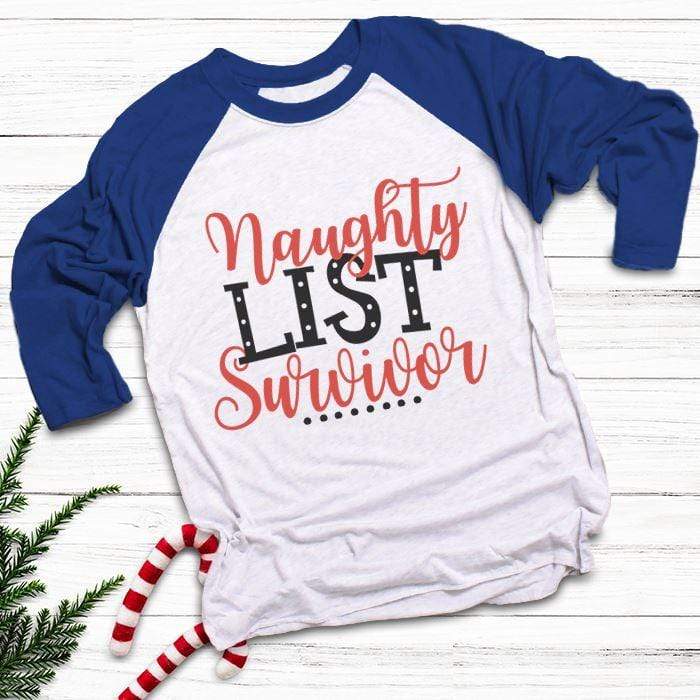 Naughty List Survivor Raglan T-Shirts CustomCat White/Royal X-Small 