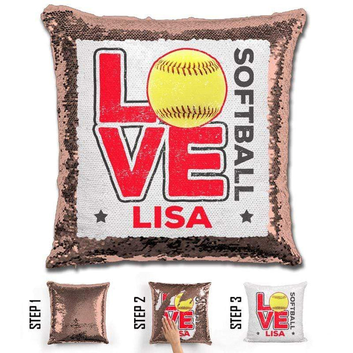 Personalized LOVE Softball Magic Sequin Pillow Pillow GLAM Rose Gold Red 