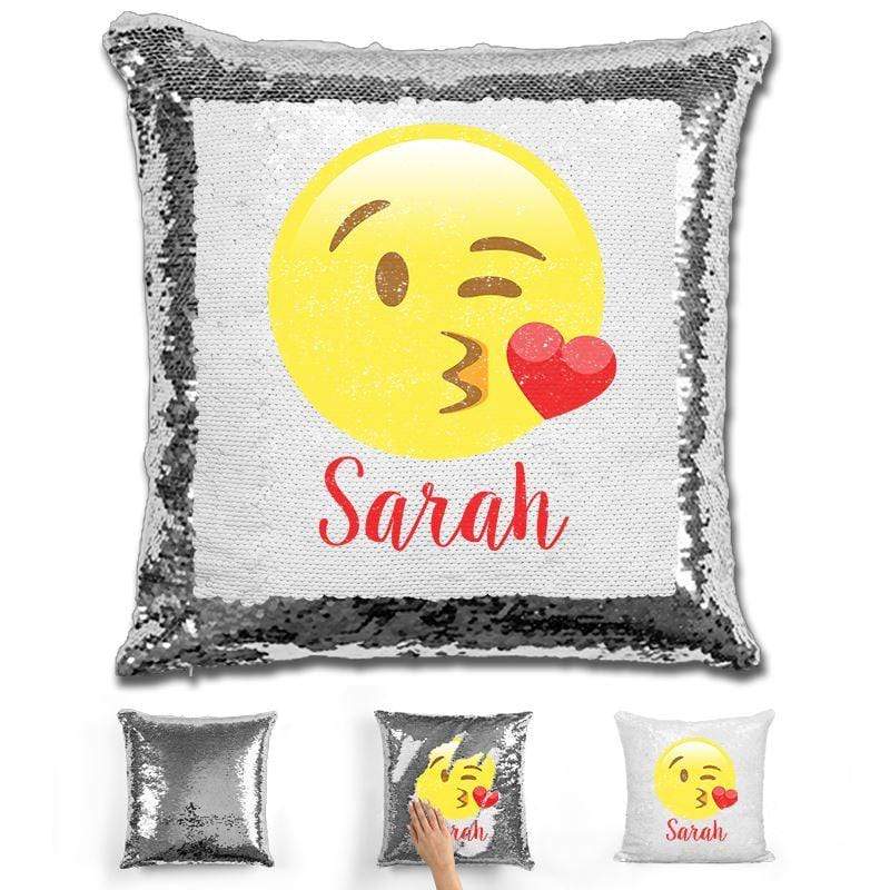 Kissy Face Emoji Personalized Magic Sequin Pillow Pillow GLAM Silver 