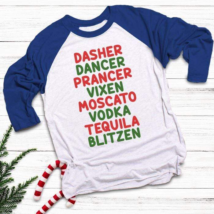 Dasher Dancer Blitzen Raglan T-Shirts CustomCat White/Royal X-Small 