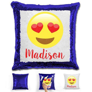Heart Eyes Emoji Personalized Magic Sequin Pillow Pillow GLAM Blue 