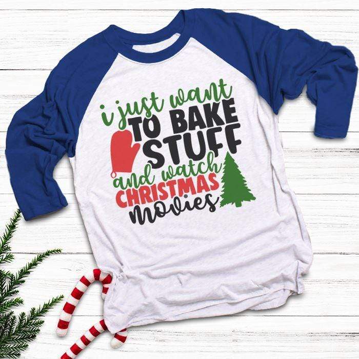 Want To Bake Watch Christmas Movies Raglan T-Shirts CustomCat White/Royal X-Small 