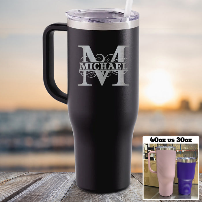 Personalized Split Monogram 40 oz Tumbler with Handle and Slider Lid