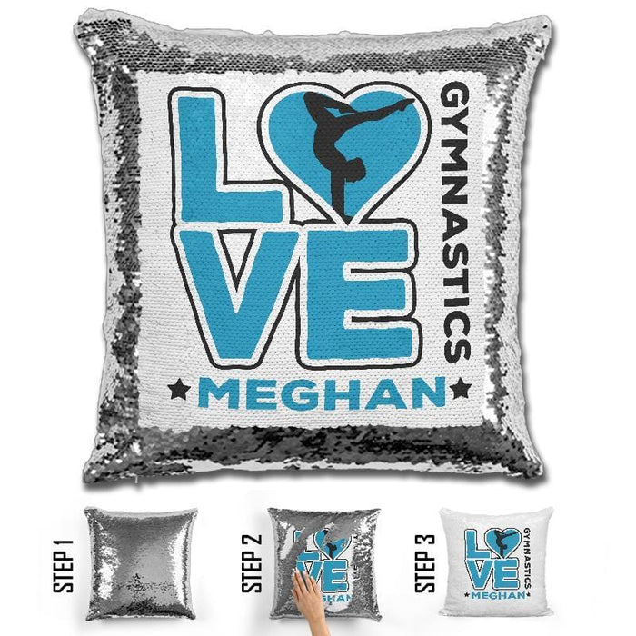 Personalized LOVE Gymnastics Magic Sequin Pillow Pillow GLAM Light Blue 