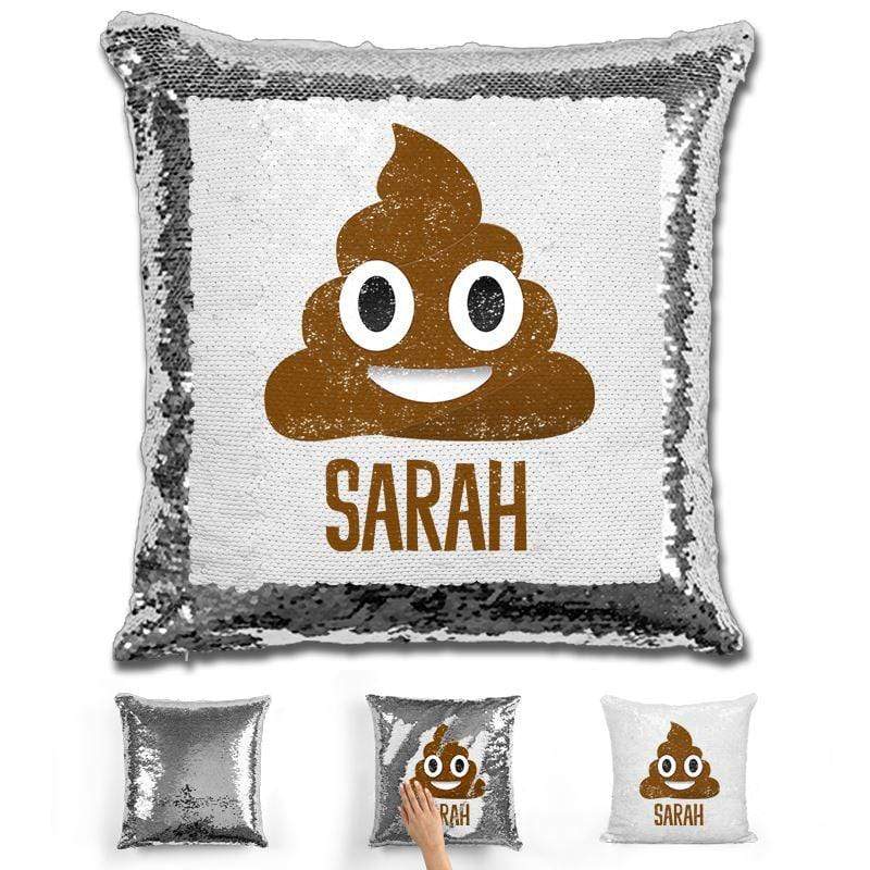 Personalized Poop Emoji Personalized Magic Sequin Pillow Pillow GLAM Silver 